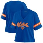 womens new york knicks wear by erin andrews blue color block boxy v-neck t-shirt – Genuine NBA Hats & Jerseys for Fans