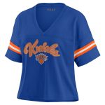 womens new york knicks wear by erin andrews blue color block boxy v-neck t-shirt – Genuine NBA Hats & Jerseys for Fans
