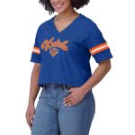womens new york knicks wear by erin andrews blue color block boxy v-neck t-shirt – Genuine NBA Hats & Jerseys for Fans