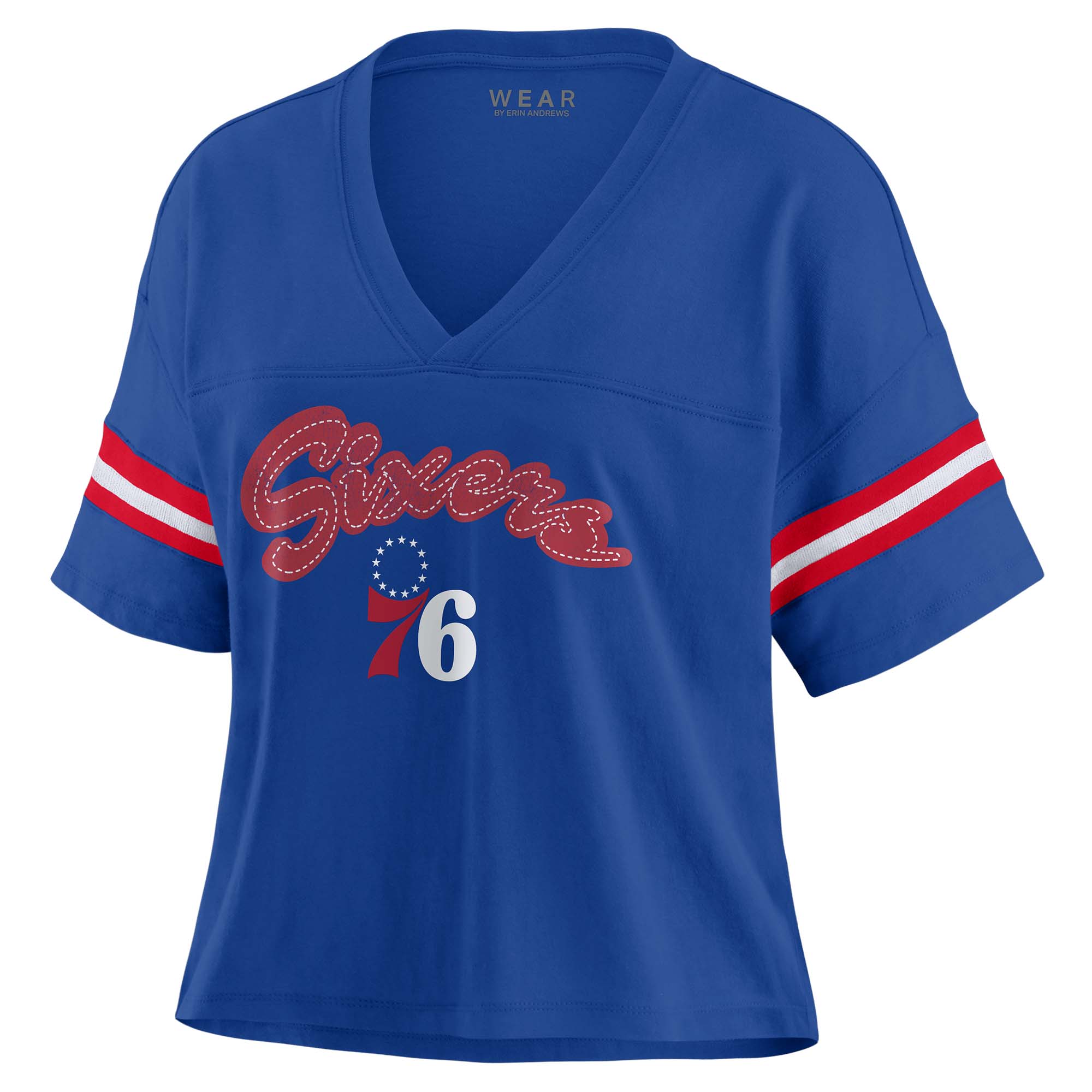 womens philadelphia 76ers wear by erin andrews royal plus size color block boxy v-neck t-shirt – Genuine NBA Hats & Jerseys for Fans