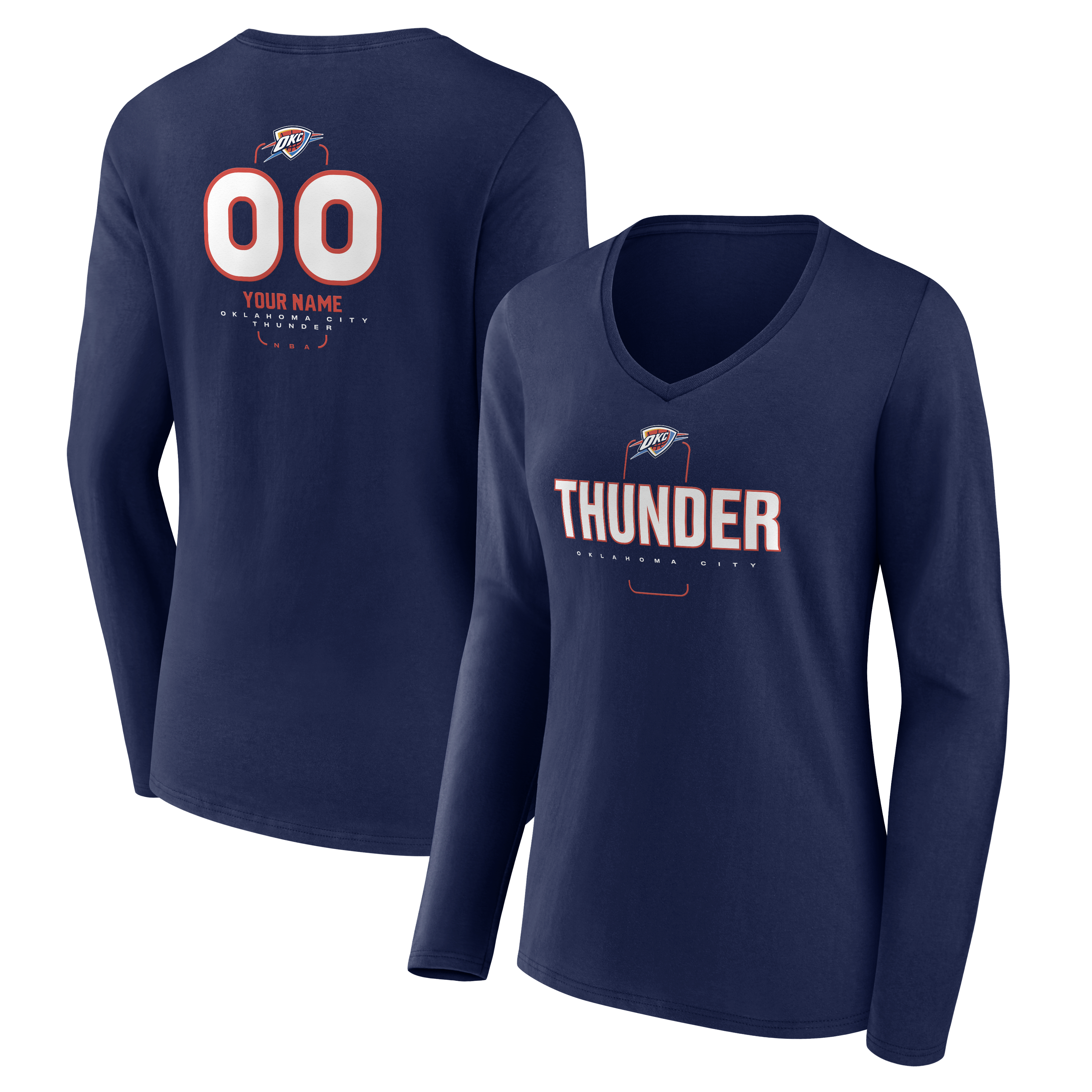 womens oklahoma city thunder navy personalized name  number midfielder long sleeve v-neck t-shirt – Genuine NBA Hats & Jerseys for Fans