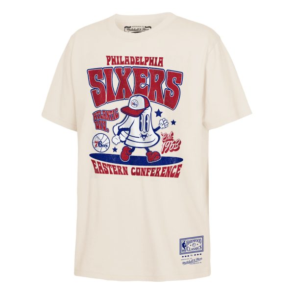 youth philadelphia 76ers mitchell  ness cream retro mascot script t-shirt – Genuine NBA Hats & Jerseys for Fans