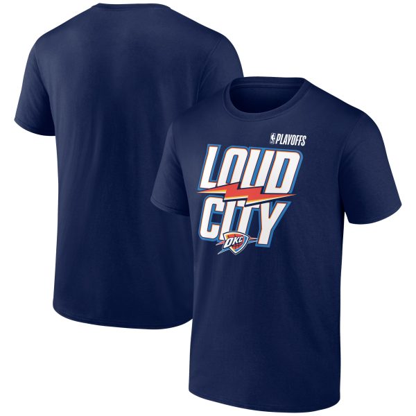 mens oklahoma city thunder navy 2025 nba playoffs loud city slogan t-shirt – Genuine NBA Hats & Jerseys for Fans