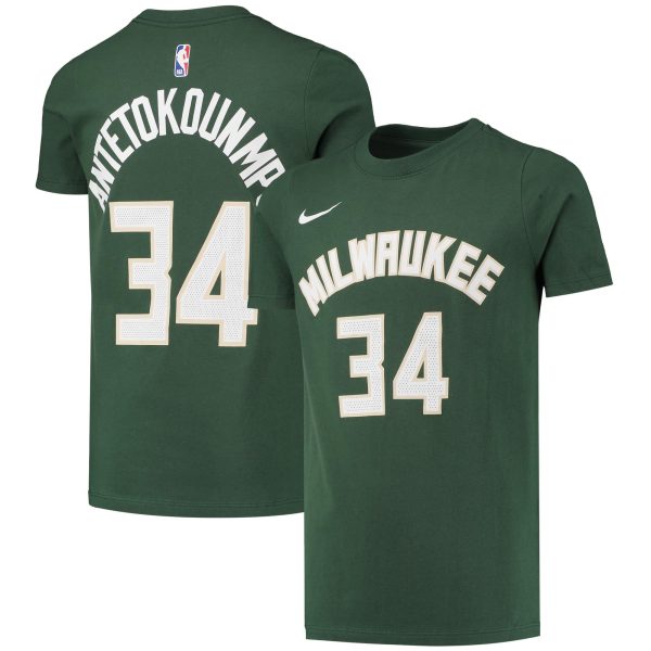 youth milwaukee bucks giannis antetokounmpo nike hunter green logo name  number performance t-shirt – Genuine NBA Hats & Jerseys for Fans