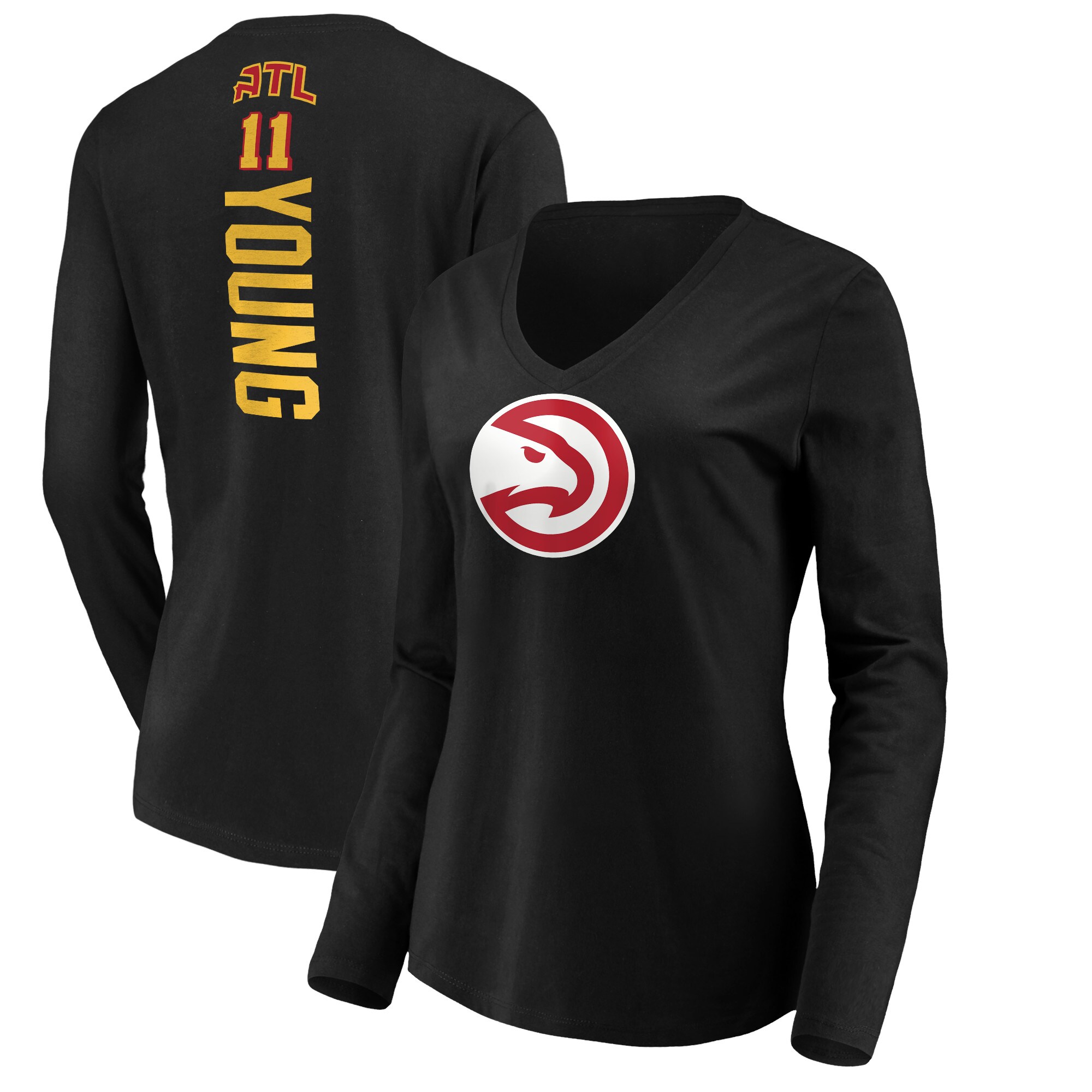 womens atlanta hawks trae young black playmaker name  number v-neck long sleeve t-shirt – Genuine NBA Hats & Jerseys for Fans