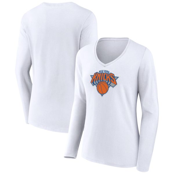 womens new york knicks white logo long sleeve v-neck t-shirt – Genuine NBA Hats & Jerseys for Fans